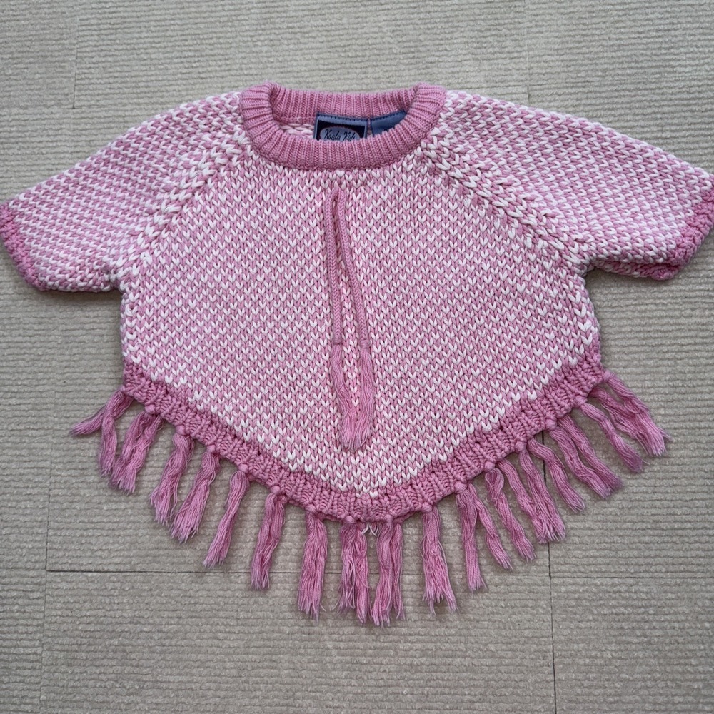 Koala Kids Girls Pink/White Poncho 6/9 Months 100%‎ Cotton Fringed